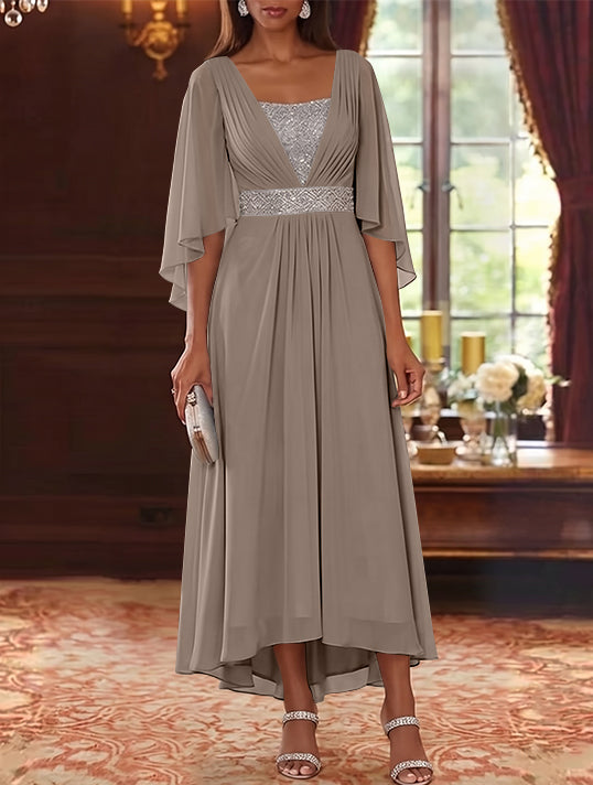 Robe Mère de la Mariée en Mousseline à Col Carré Ligne A/Princesse Longueur Midi Haut-Bas Manches 3/4 avec Ceinture à Paillettes