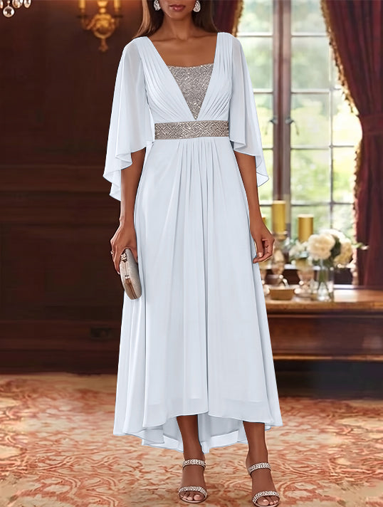 Robe Mère de la Mariée en Mousseline à Col Carré Ligne A/Princesse Longueur Midi Haut-Bas Manches 3/4 avec Ceinture à Paillettes