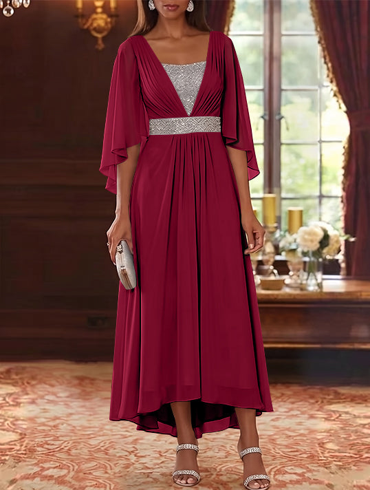 Robe Mère de la Mariée en Mousseline à Col Carré Ligne A/Princesse Longueur Midi Haut-Bas Manches 3/4 avec Ceinture à Paillettes