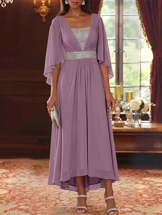Robe Mère de la Mariée en Mousseline à Col Carré Ligne A/Princesse Longueur Midi Haut-Bas Manches 3/4 avec Ceinture à Paillettes