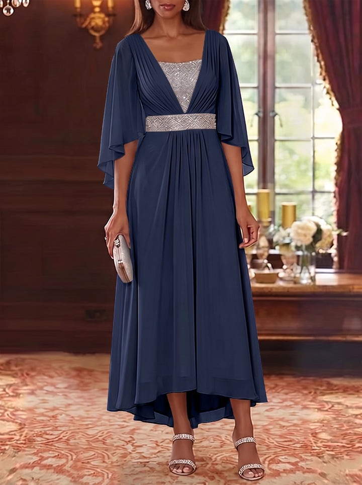 Robe Mère de la Mariée en Mousseline à Col Carré Ligne A/Princesse Longueur Midi Haut-Bas Manches 3/4 avec Ceinture à Paillettes