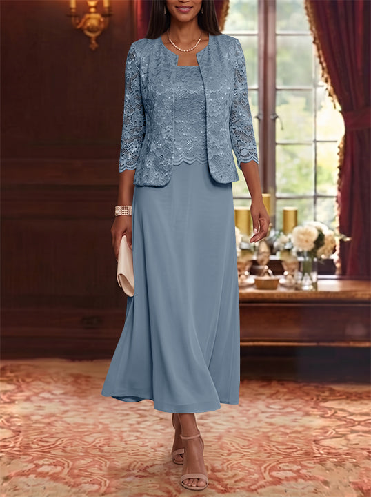 Robe Mère de la Mariée Ligne A/Princesse Florale en Mousseline à Col Rond Manches 3/4 Longueur Midi