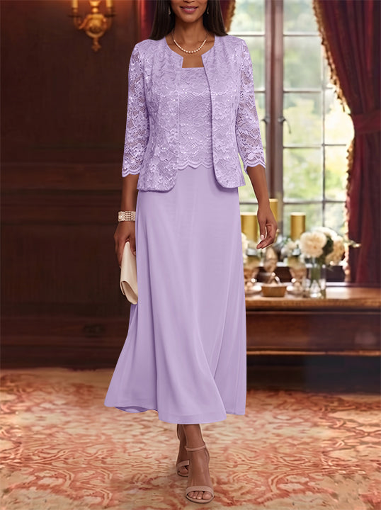 Robe Mère de la Mariée Ligne A/Princesse Florale en Mousseline à Col Rond Manches 3/4 Longueur Midi