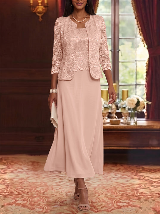 Robe Mère de la Mariée Ligne A/Princesse Florale en Mousseline à Col Rond Manches 3/4 Longueur Midi