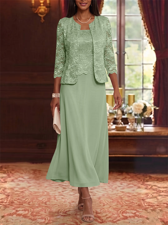 Robe Mère de la Mariée Ligne A/Princesse Florale en Mousseline à Col Rond Manches 3/4 Longueur Midi
