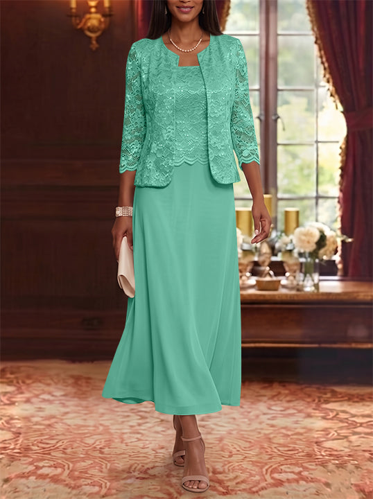 Robe Mère de la Mariée Ligne A/Princesse Florale en Mousseline à Col Rond Manches 3/4 Longueur Midi