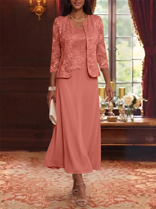 Robe Mère de la Mariée Ligne A/Princesse Florale en Mousseline à Col Rond Manches 3/4 Longueur Midi