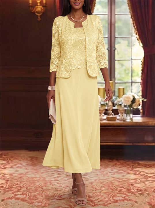Robe Mère de la Mariée Ligne A/Princesse Florale en Mousseline à Col Rond Manches 3/4 Longueur Midi