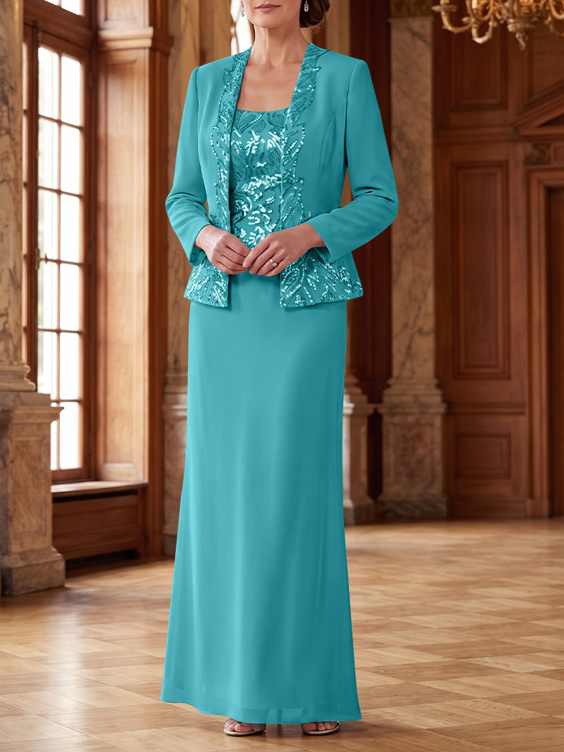Robe Mère de la Mariée 2 Pièces Gaine/Colonne en Mousseline à Col Rond Manches Longues Longueur Cheville avec Veste