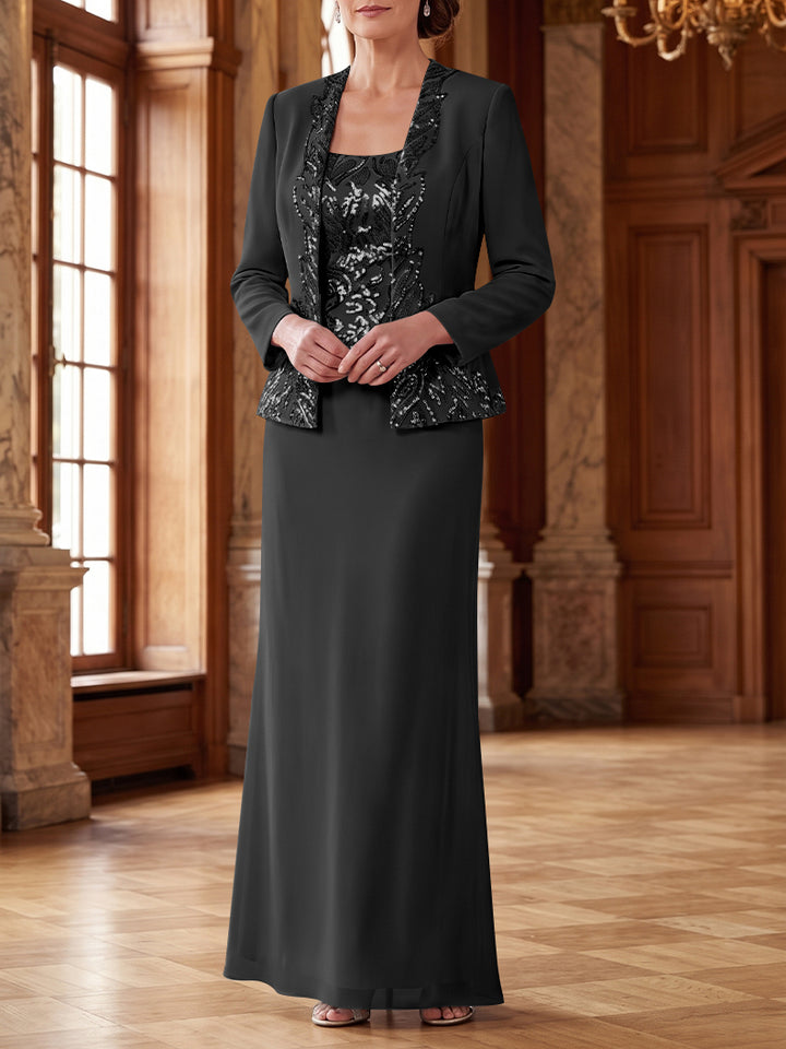 Robe Mère de la Mariée 2 Pièces Gaine/Colonne en Mousseline à Col Rond Manches Longues Longueur Cheville avec Veste