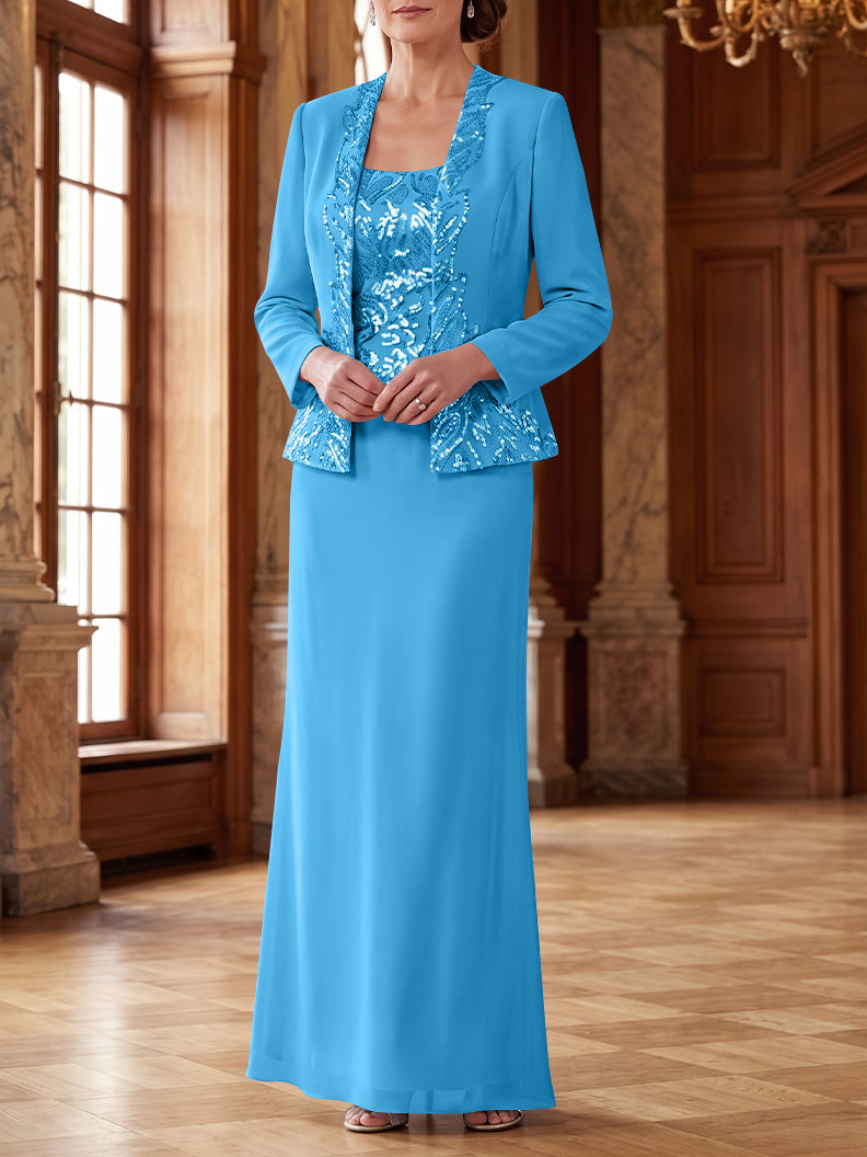 Robe Mère de la Mariée 2 Pièces Gaine/Colonne en Mousseline à Col Rond Manches Longues Longueur Cheville avec Veste