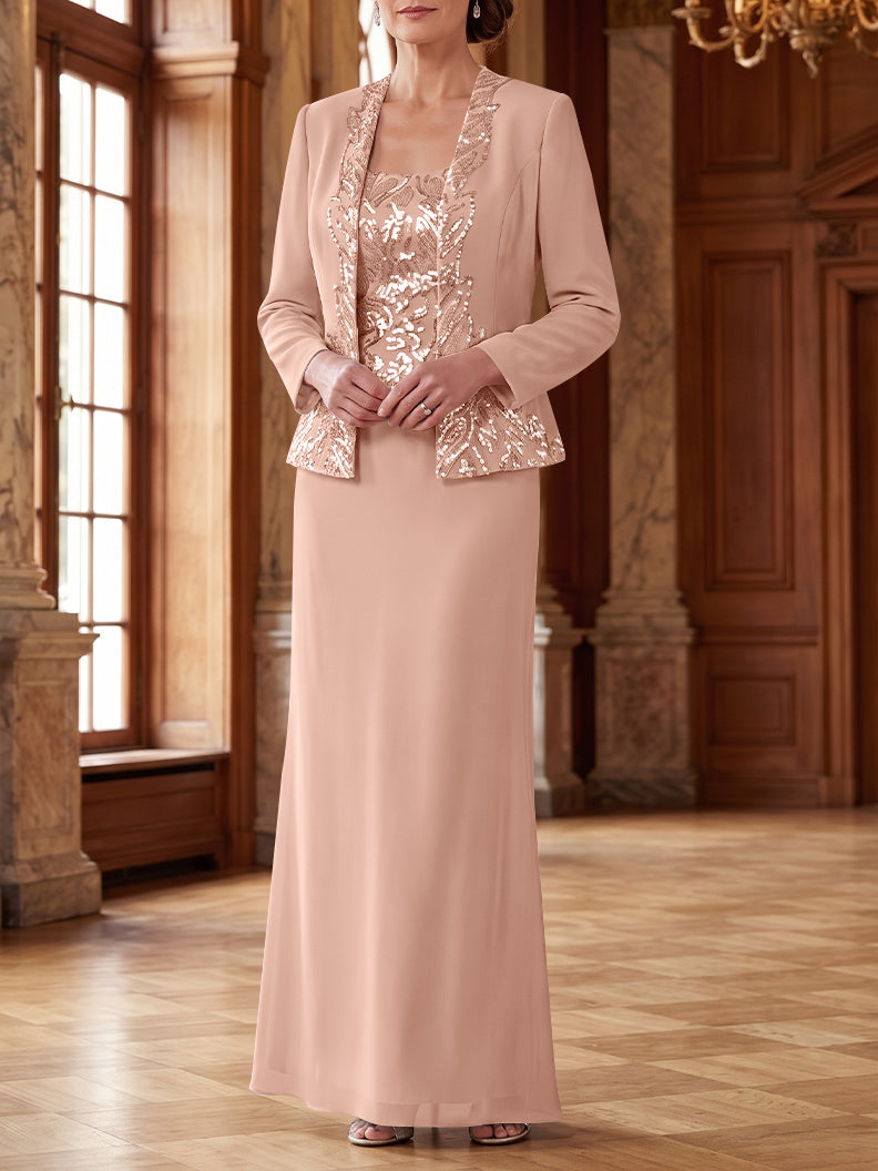 Robe Mère de la Mariée 2 Pièces Gaine/Colonne en Mousseline à Col Rond Manches Longues Longueur Cheville avec Veste
