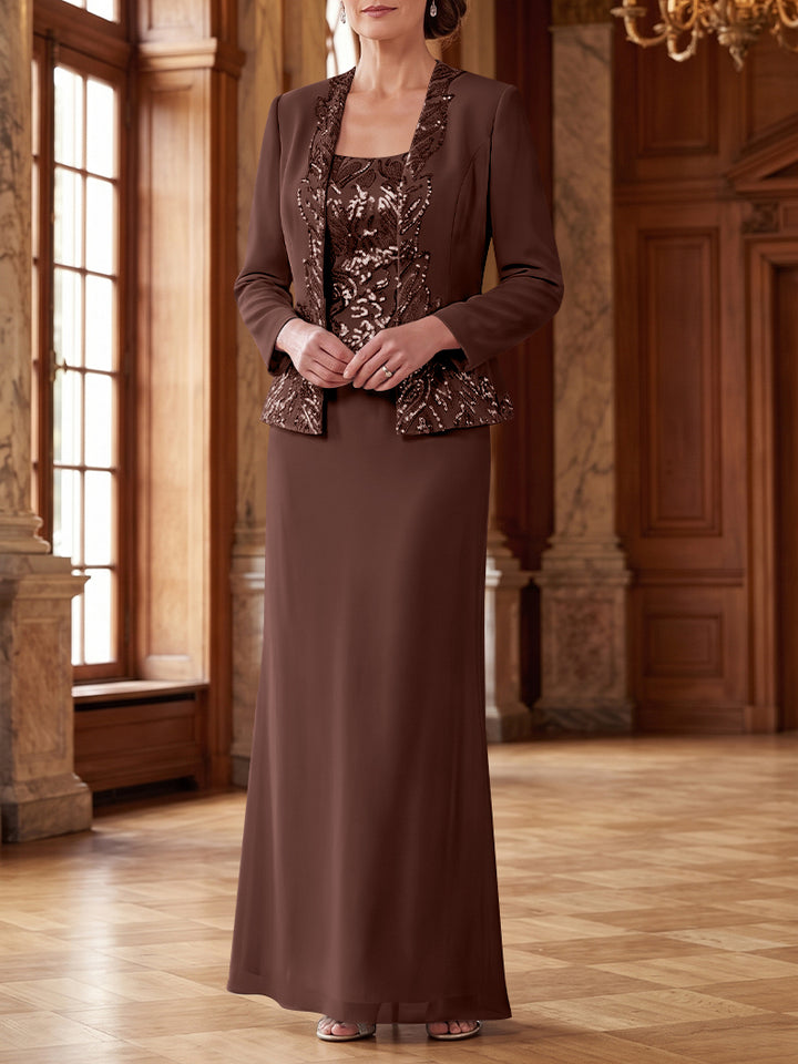 Robe Mère de la Mariée 2 Pièces Gaine/Colonne en Mousseline à Col Rond Manches Longues Longueur Cheville avec Veste