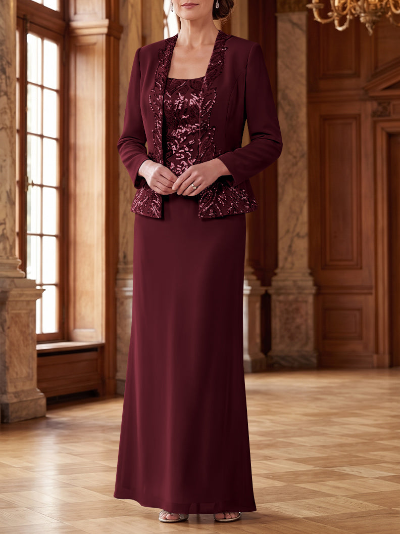 Robe Mère de la Mariée 2 Pièces Gaine/Colonne en Mousseline à Col Rond Manches Longues Longueur Cheville avec Veste
