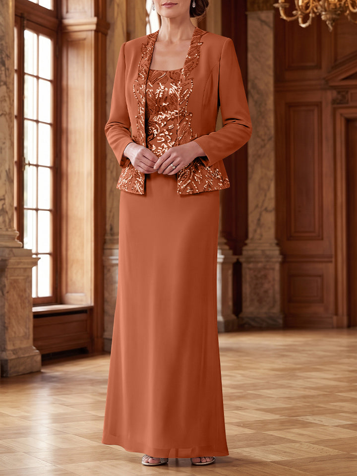 Robe Mère de la Mariée 2 Pièces Gaine/Colonne en Mousseline à Col Rond Manches Longues Longueur Cheville avec Veste