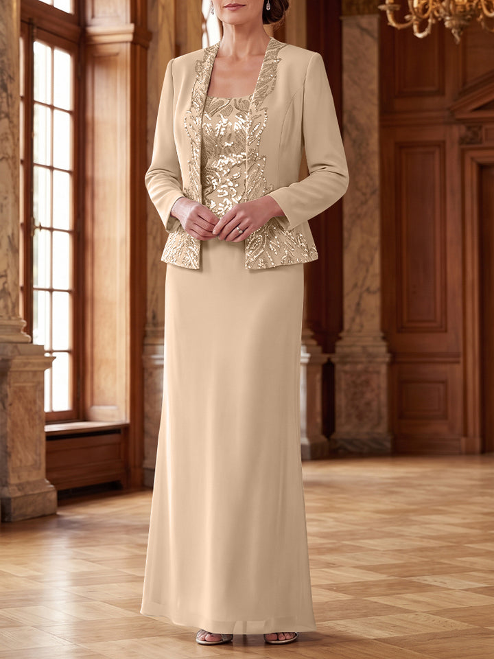 Robe Mère de la Mariée 2 Pièces Gaine/Colonne en Mousseline à Col Rond Manches Longues Longueur Cheville avec Veste