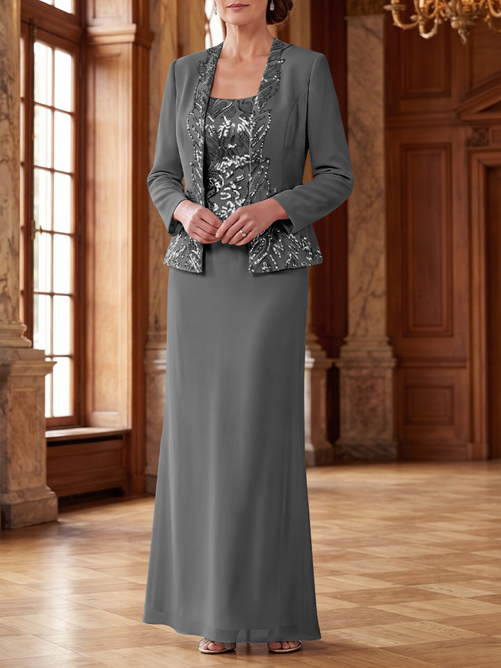 Robe Mère de la Mariée 2 Pièces Gaine/Colonne en Mousseline à Col Rond Manches Longues Longueur Cheville avec Veste