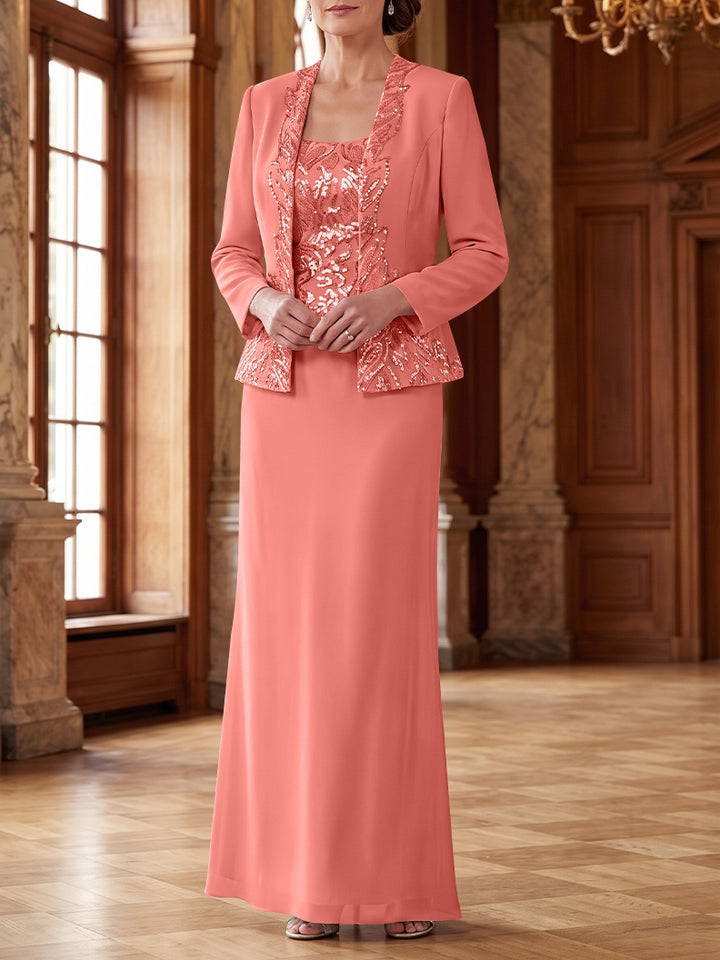 Robe Mère de la Mariée 2 Pièces Gaine/Colonne en Mousseline à Col Rond Manches Longues Longueur Cheville avec Veste