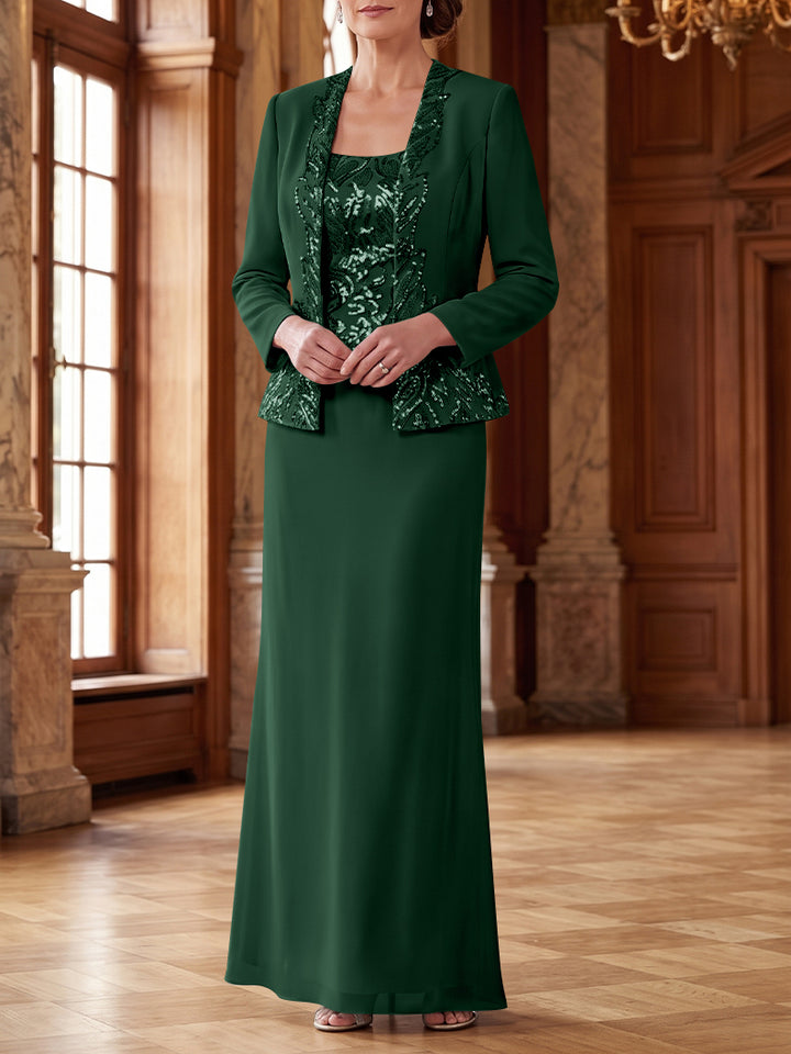 Robe Mère de la Mariée 2 Pièces Gaine/Colonne en Mousseline à Col Rond Manches Longues Longueur Cheville avec Veste