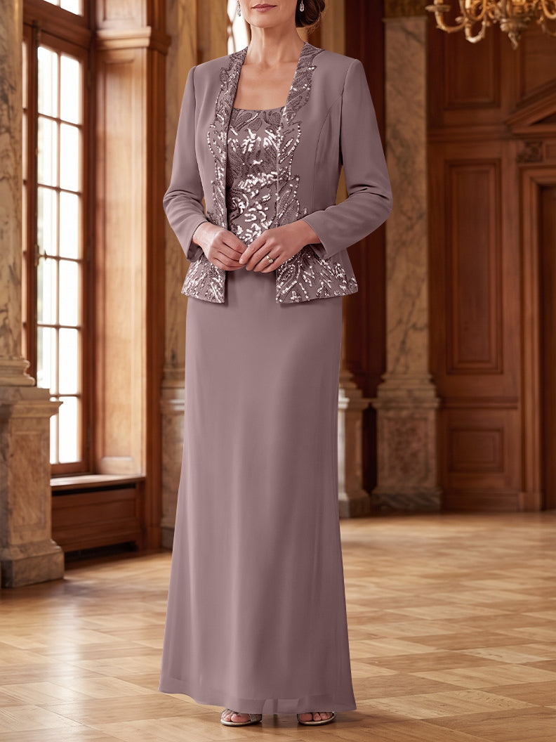 Robe Mère de la Mariée 2 Pièces Gaine/Colonne en Mousseline à Col Rond Manches Longues Longueur Cheville avec Veste