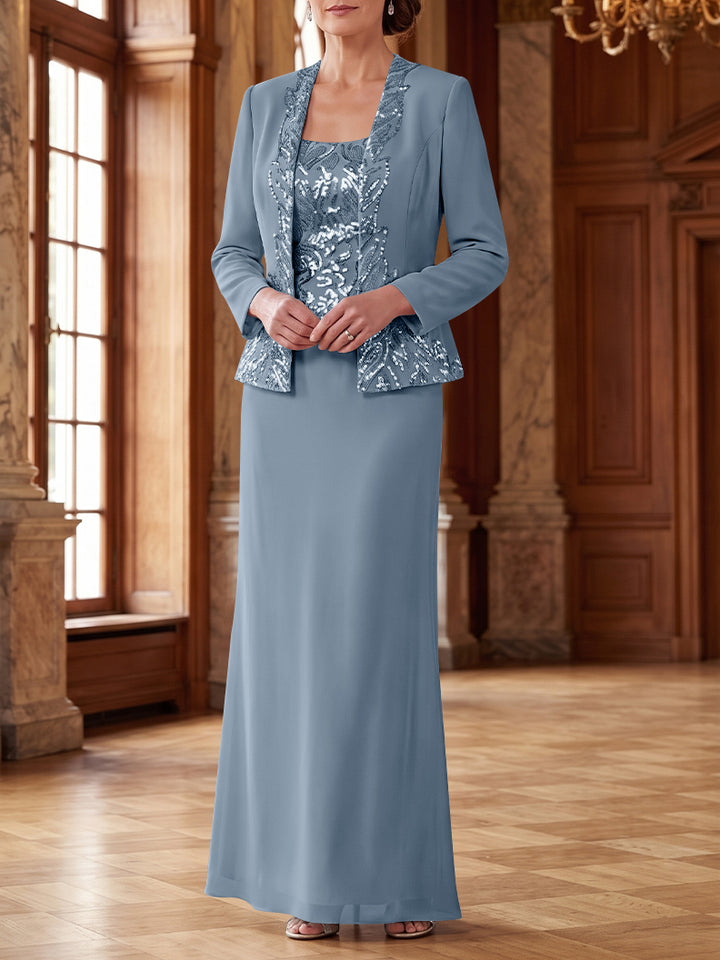 Robe Mère de la Mariée 2 Pièces Gaine/Colonne en Mousseline à Col Rond Manches Longues Longueur Cheville avec Veste