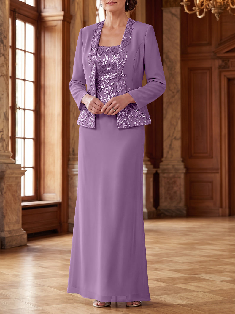 Robe Mère de la Mariée 2 Pièces Gaine/Colonne en Mousseline à Col Rond Manches Longues Longueur Cheville avec Veste