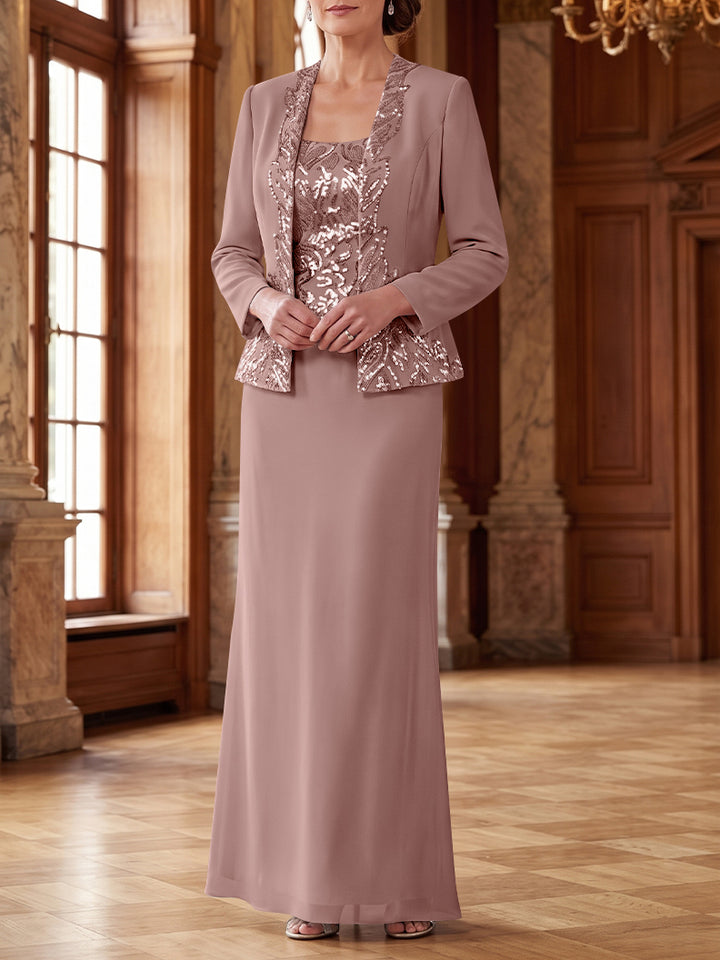 Robe Mère de la Mariée 2 Pièces Gaine/Colonne en Mousseline à Col Rond Manches Longues Longueur Cheville avec Veste