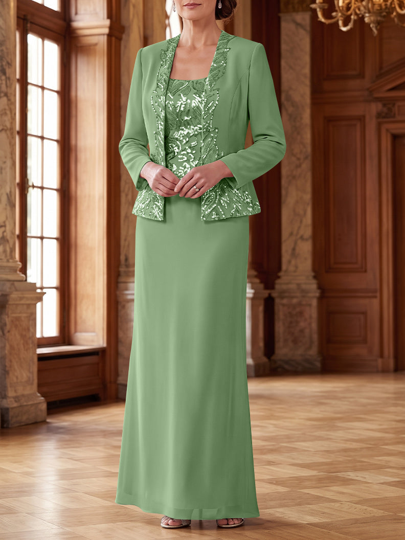 Robe Mère de la Mariée 2 Pièces Gaine/Colonne en Mousseline à Col Rond Manches Longues Longueur Cheville avec Veste