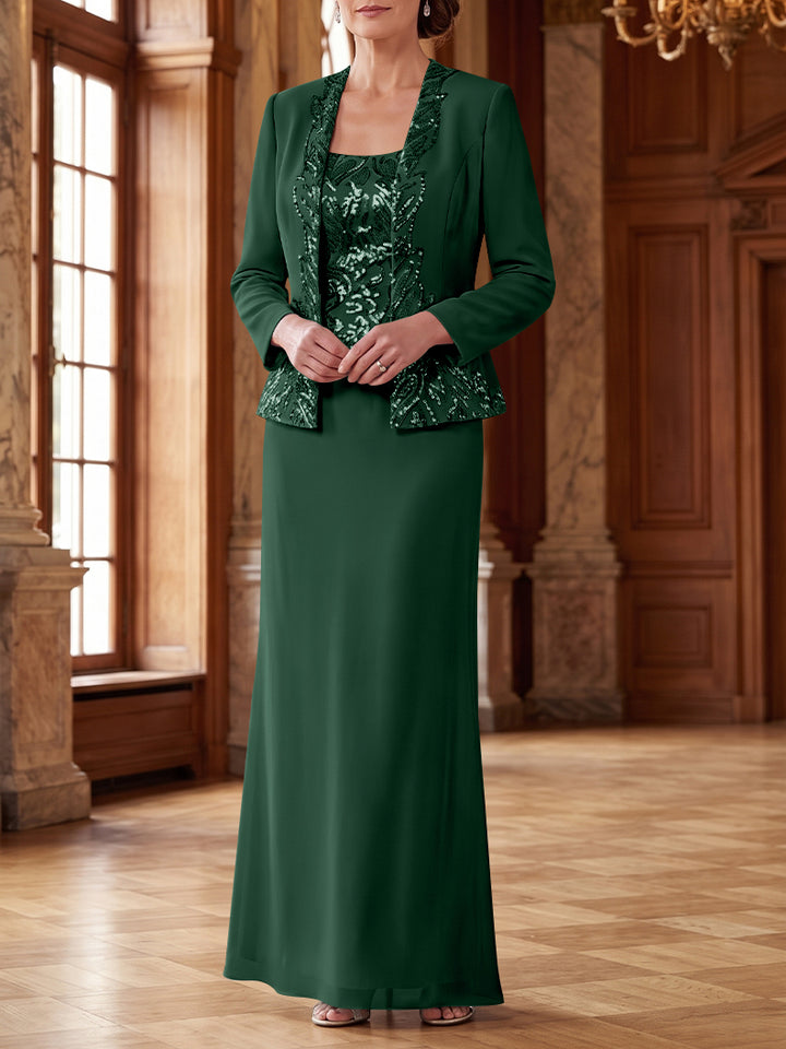 Robe Mère de la Mariée 2 Pièces Gaine/Colonne en Mousseline à Col Rond Manches Longues Longueur Cheville avec Veste