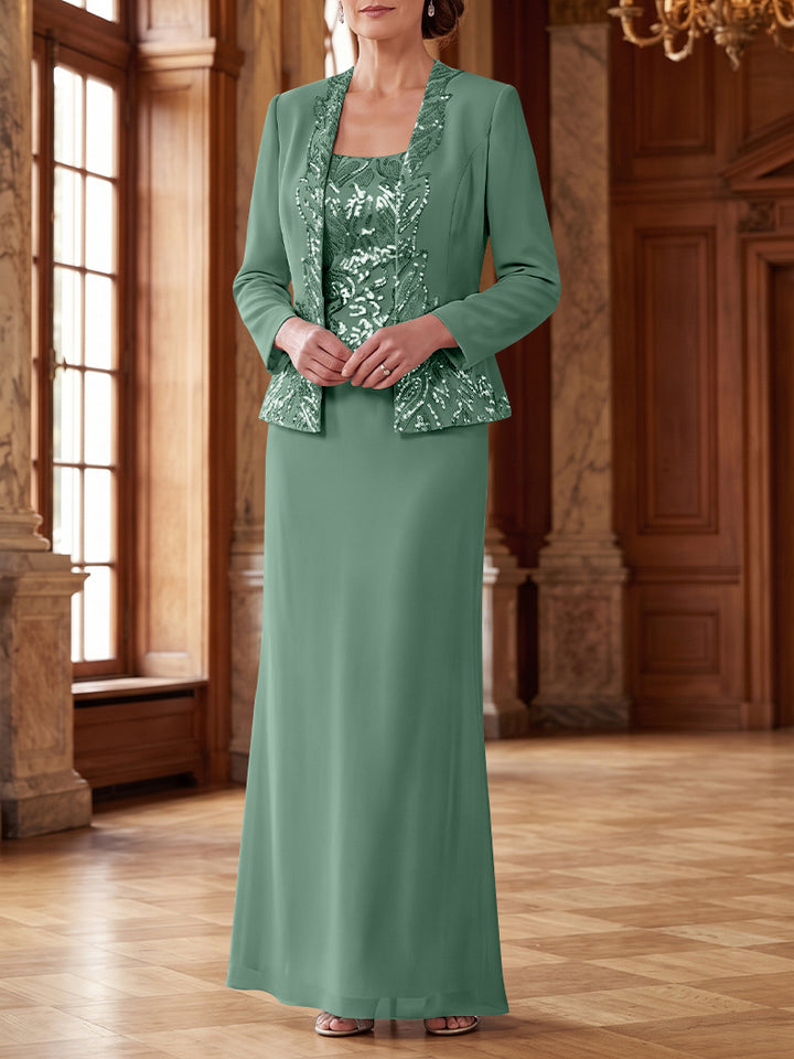 Robe Mère de la Mariée 2 Pièces Gaine/Colonne en Mousseline à Col Rond Manches Longues Longueur Cheville avec Veste