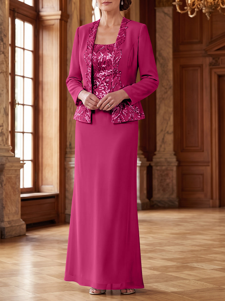 Robe Mère de la Mariée 2 Pièces Gaine/Colonne en Mousseline à Col Rond Manches Longues Longueur Cheville avec Veste