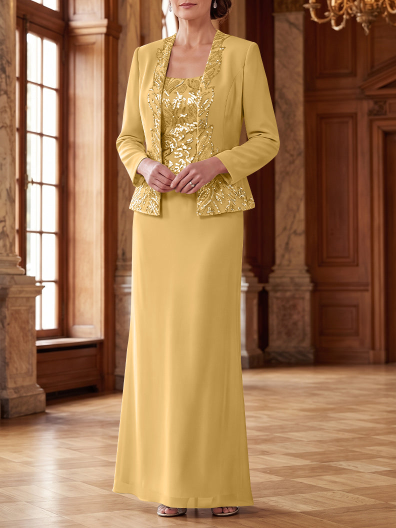 Robe Mère de la Mariée 2 Pièces Gaine/Colonne en Mousseline à Col Rond Manches Longues Longueur Cheville avec Veste