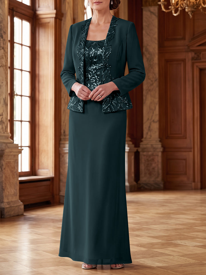Robe Mère de la Mariée 2 Pièces Gaine/Colonne en Mousseline à Col Rond Manches Longues Longueur Cheville avec Veste