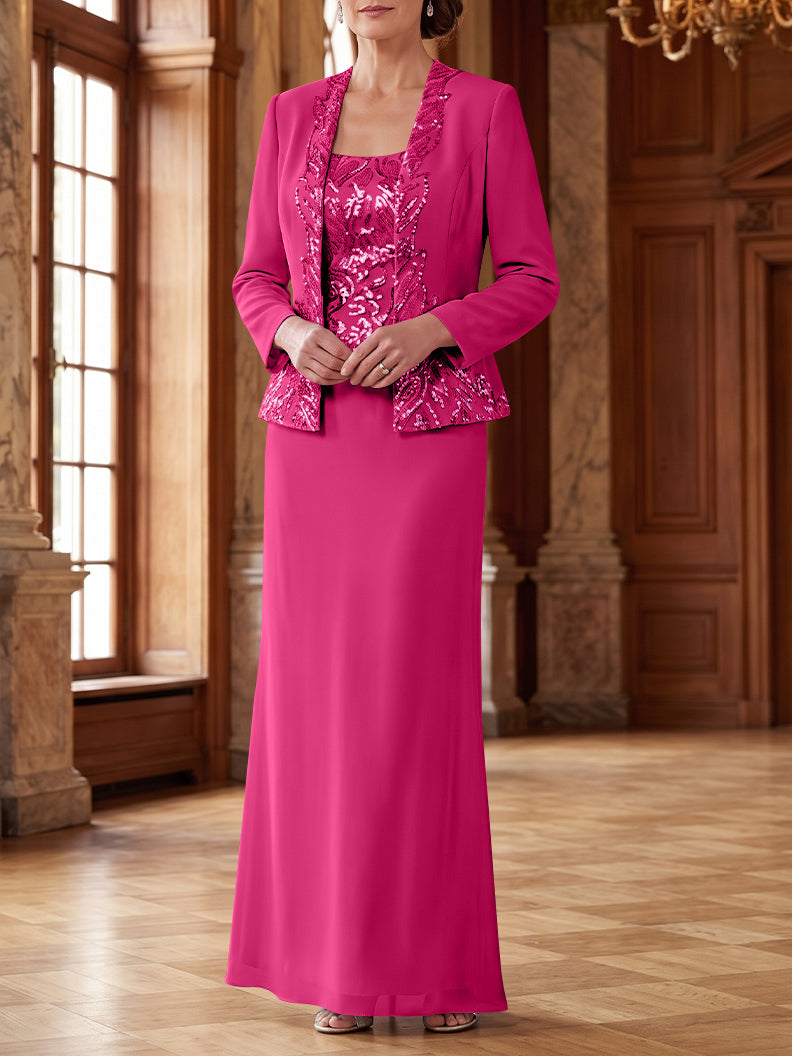 Robe Mère de la Mariée 2 Pièces Gaine/Colonne en Mousseline à Col Rond Manches Longues Longueur Cheville avec Veste