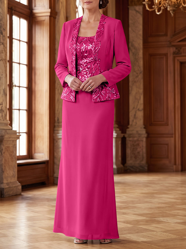 Robe Mère de la Mariée 2 Pièces Gaine/Colonne en Mousseline à Col Rond Manches Longues Longueur Cheville avec Veste