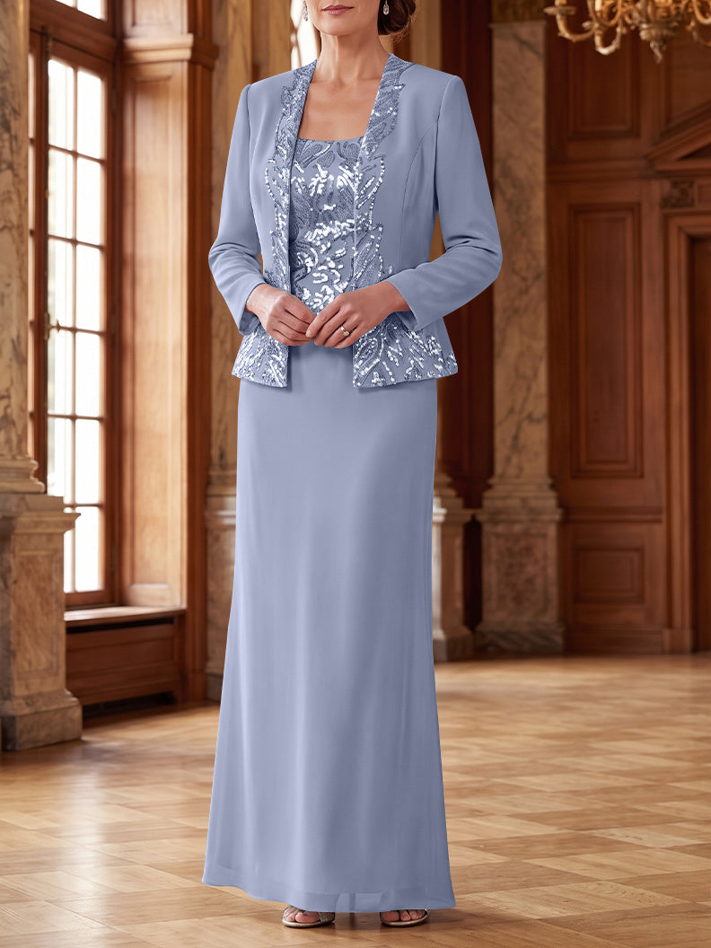 Robe Mère de la Mariée 2 Pièces Gaine/Colonne en Mousseline à Col Rond Manches Longues Longueur Cheville avec Veste
