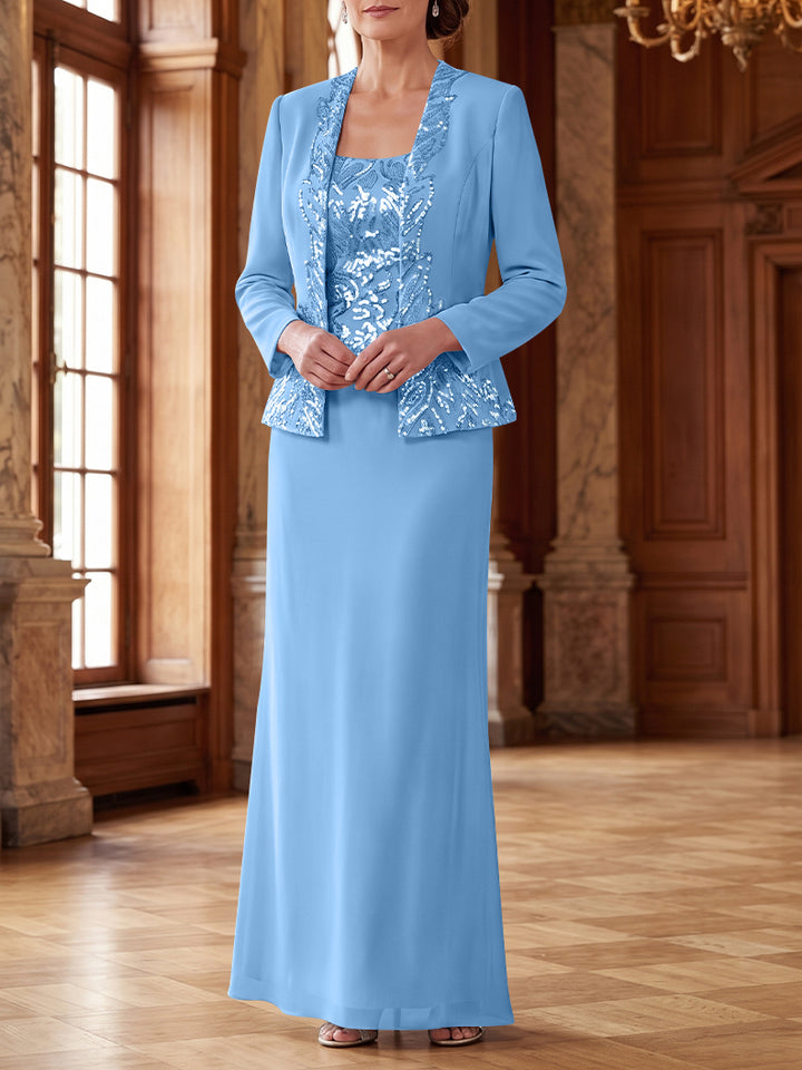 Robe Mère de la Mariée 2 Pièces Gaine/Colonne en Mousseline à Col Rond Manches Longues Longueur Cheville avec Veste