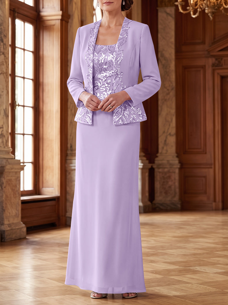Robe Mère de la Mariée 2 Pièces Gaine/Colonne en Mousseline à Col Rond Manches Longues Longueur Cheville avec Veste