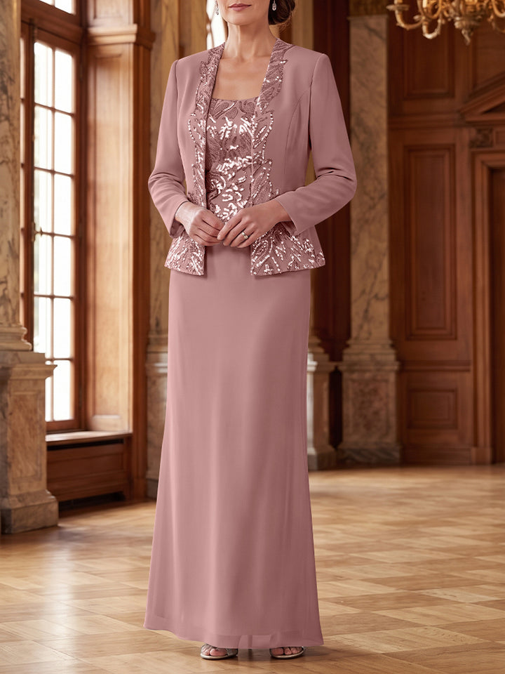 Robe Mère de la Mariée 2 Pièces Gaine/Colonne en Mousseline à Col Rond Manches Longues Longueur Cheville avec Veste