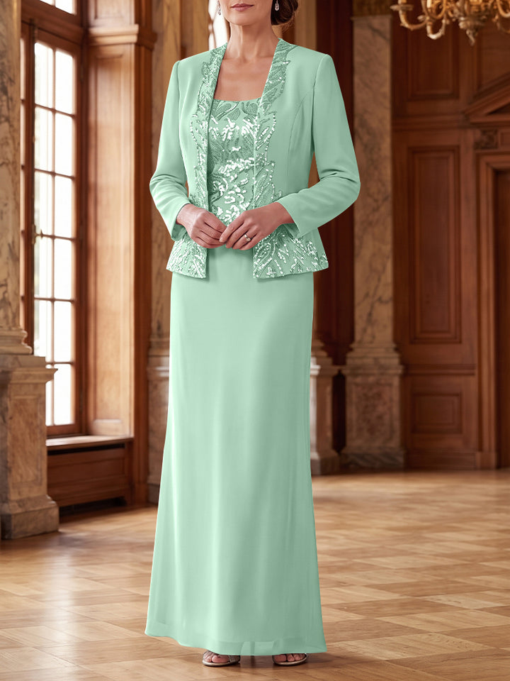 Robe Mère de la Mariée 2 Pièces Gaine/Colonne en Mousseline à Col Rond Manches Longues Longueur Cheville avec Veste