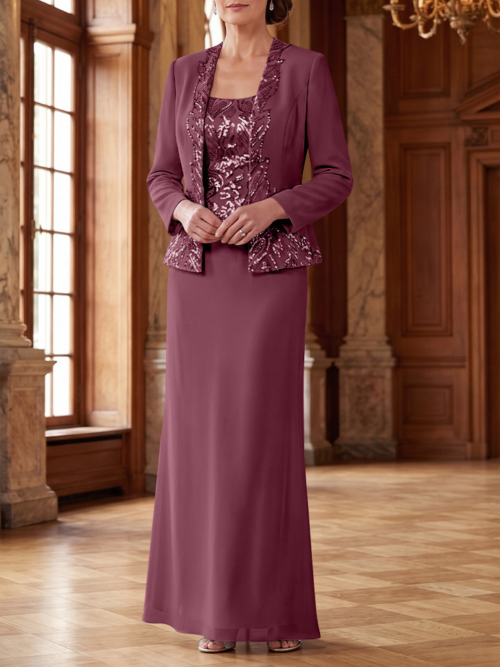 Robe Mère de la Mariée 2 Pièces Gaine/Colonne en Mousseline à Col Rond Manches Longues Longueur Cheville avec Veste