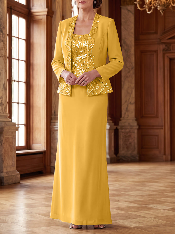 Robe Mère de la Mariée 2 Pièces Gaine/Colonne en Mousseline à Col Rond Manches Longues Longueur Cheville avec Veste