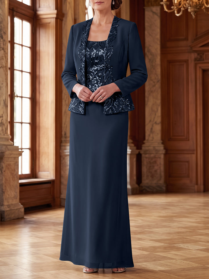 Robe Mère de la Mariée 2 Pièces Gaine/Colonne en Mousseline à Col Rond Manches Longues Longueur Cheville avec Veste