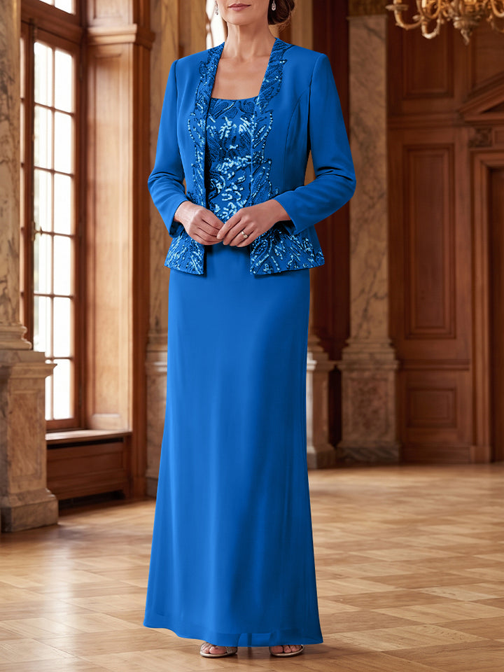 Robe Mère de la Mariée 2 Pièces Gaine/Colonne en Mousseline à Col Rond Manches Longues Longueur Cheville avec Veste