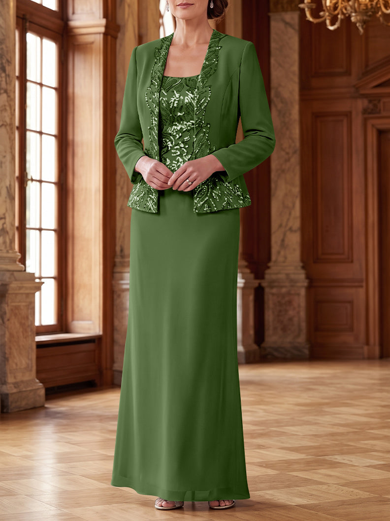 Robe Mère de la Mariée 2 Pièces Gaine/Colonne en Mousseline à Col Rond Manches Longues Longueur Cheville avec Veste