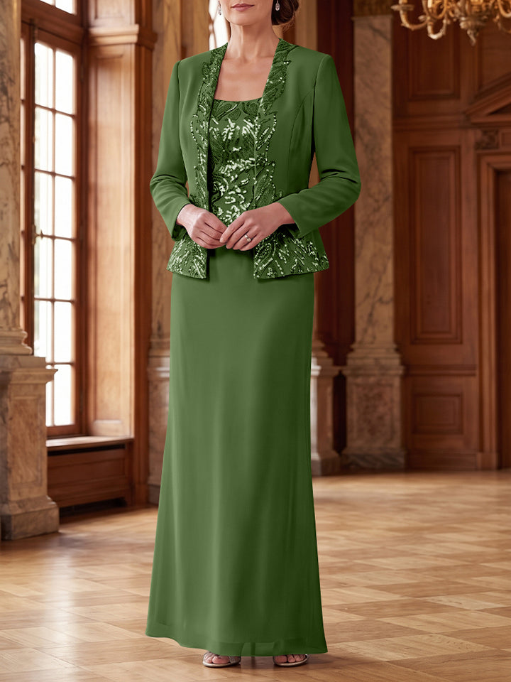 Robe Mère de la Mariée 2 Pièces Gaine/Colonne en Mousseline à Col Rond Manches Longues Longueur Cheville avec Veste