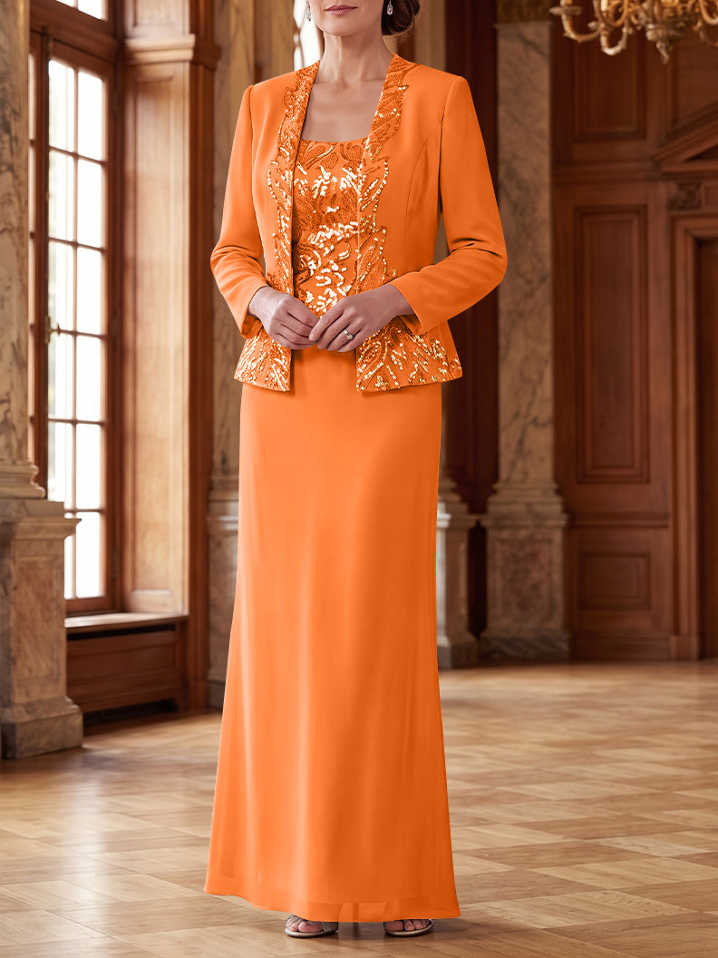 Robe Mère de la Mariée 2 Pièces Gaine/Colonne en Mousseline à Col Rond Manches Longues Longueur Cheville avec Veste