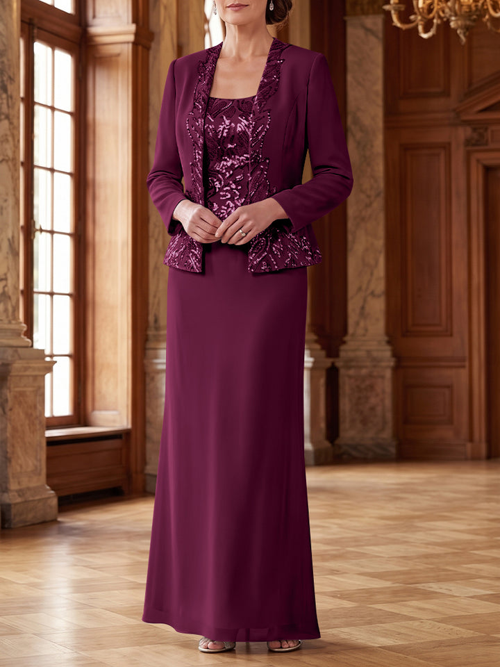Robe Mère de la Mariée 2 Pièces Gaine/Colonne en Mousseline à Col Rond Manches Longues Longueur Cheville avec Veste