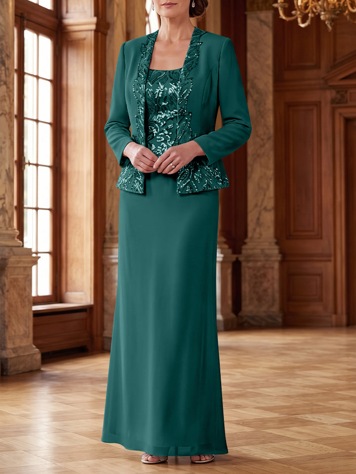 Robe Mère de la Mariée 2 Pièces Gaine/Colonne en Mousseline à Col Rond Manches Longues Longueur Cheville avec Veste