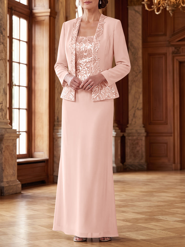 Robe Mère de la Mariée 2 Pièces Gaine/Colonne en Mousseline à Col Rond Manches Longues Longueur Cheville avec Veste